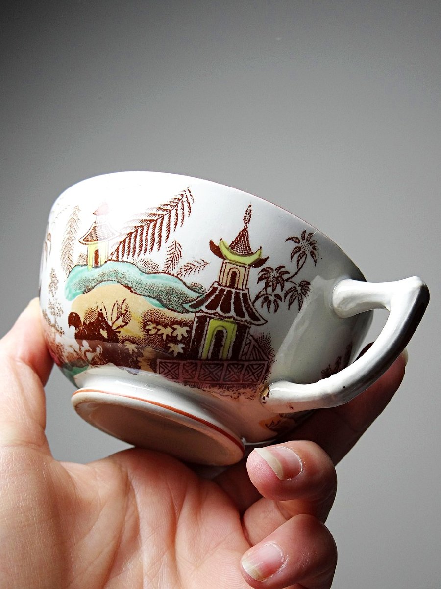 Sarreguemines Kyoto Tea Service, 1900-1920, 5 Cups, 6 Japanese-style Saucers-photo-3