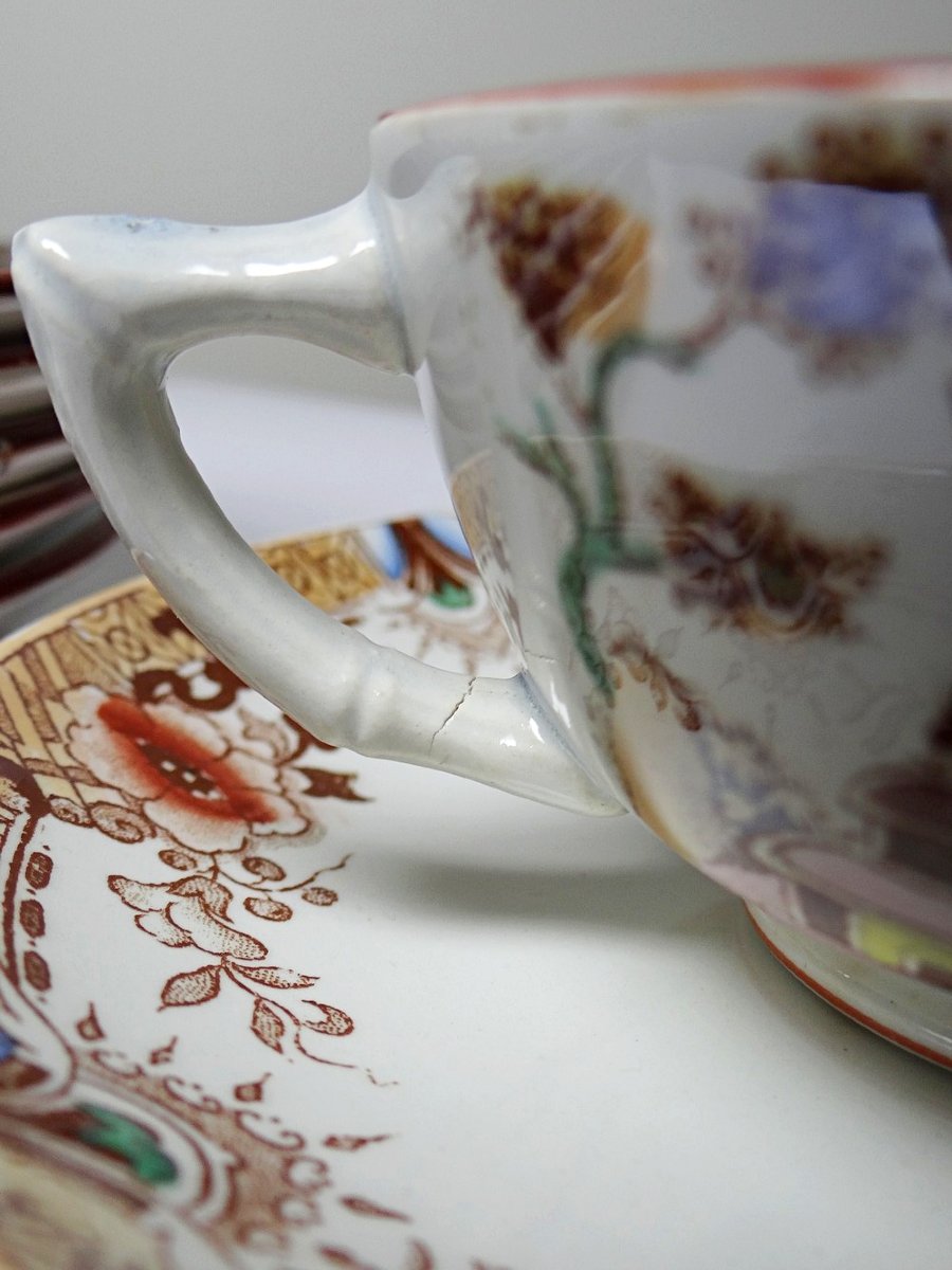 Sarreguemines Kyoto Tea Service, 1900-1920, 5 Cups, 6 Japanese-style Saucers-photo-2