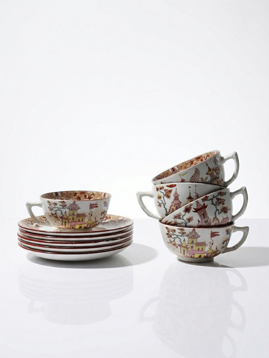 Sarreguemines Kyoto Tea Service, 1900-1920, 5 Cups, 6 Japanese-style Saucers
