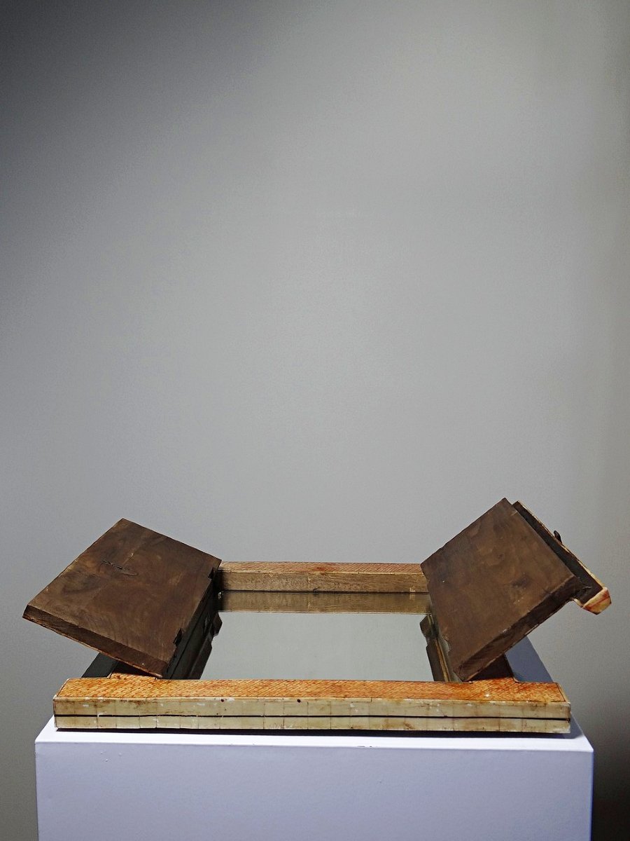 Miroir fenêtre Rajasthan en os peint main décor cavaliers ancien début XXe-photo-3