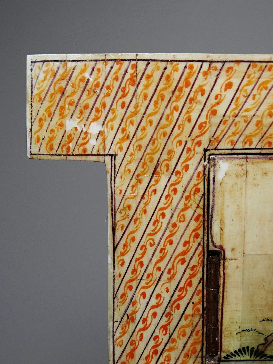 Miroir fenêtre Rajasthan en os peint main décor cavaliers ancien début XXe-photo-1