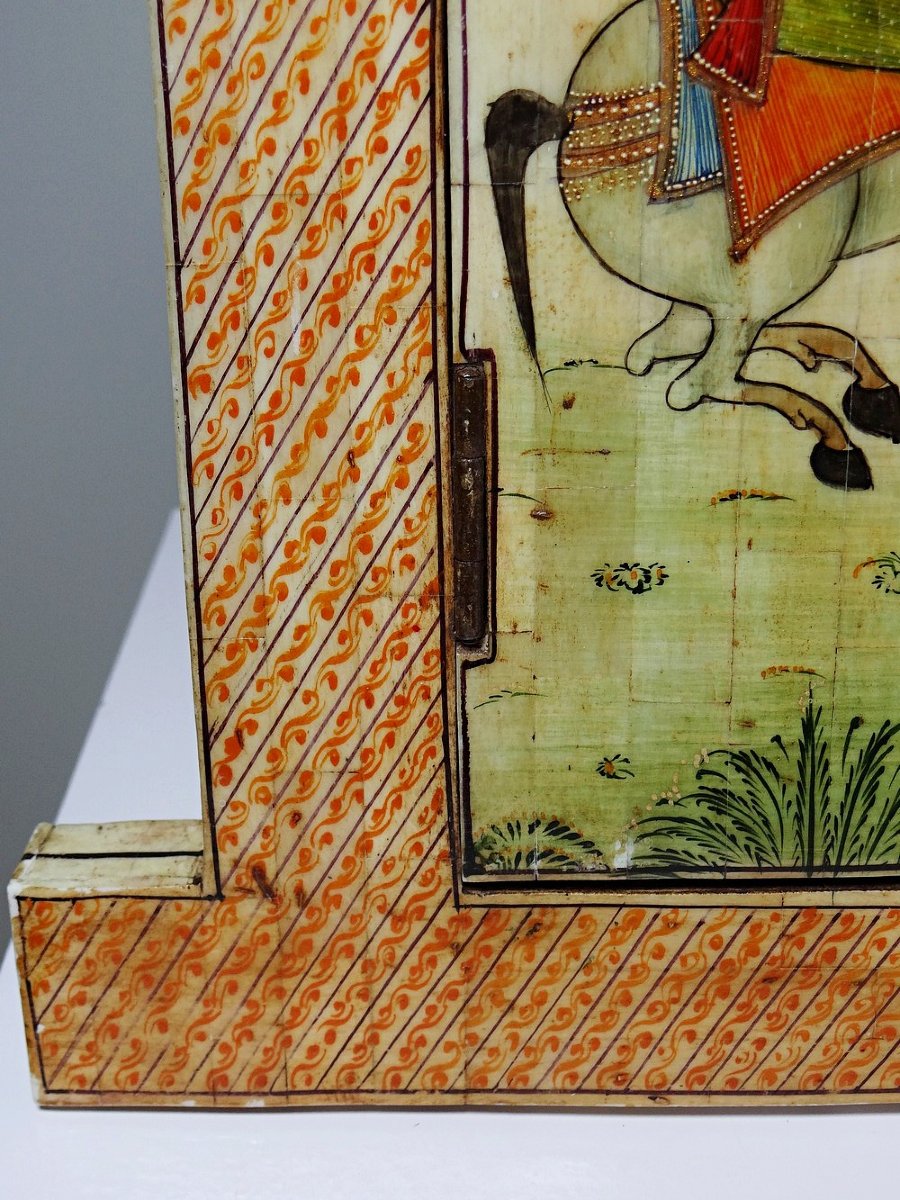 Miroir fenêtre Rajasthan en os peint main décor cavaliers ancien début XXe-photo-2