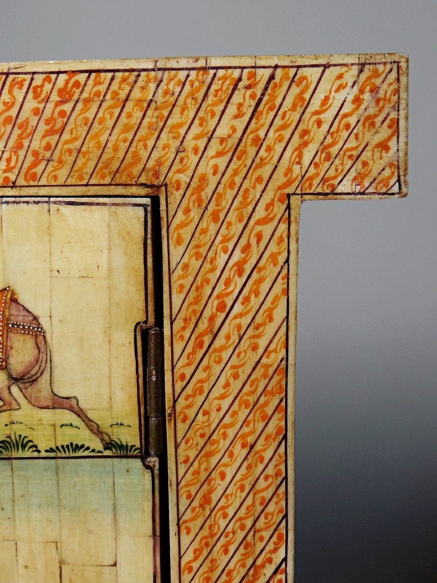 Miroir fenêtre Rajasthan en os peint main décor cavaliers ancien début XXe-photo-4