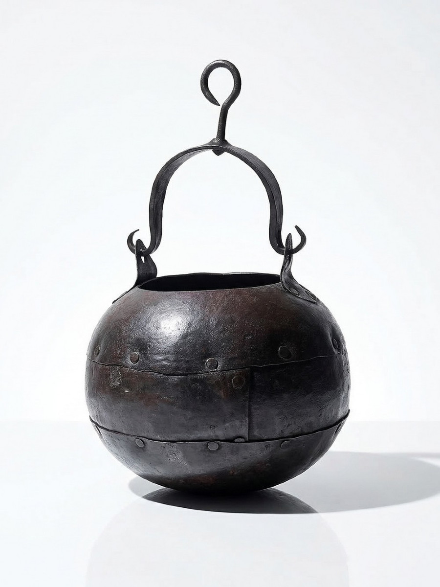 Small Hanging Cauldron In Riveted Wrought Iron, 20th Century Arts & Crafts Style