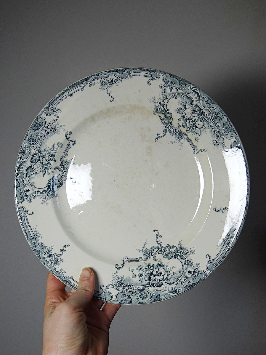 6 Antique Boch Frères Keramis Plates, Dolphin Pattern, Blue Decoration, 19th-20th Century-photo-4