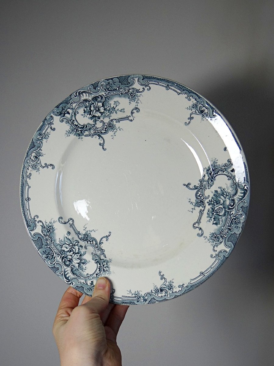 6 Antique Boch Frères Keramis Plates, Dolphin Pattern, Blue Decoration, 19th-20th Century-photo-4