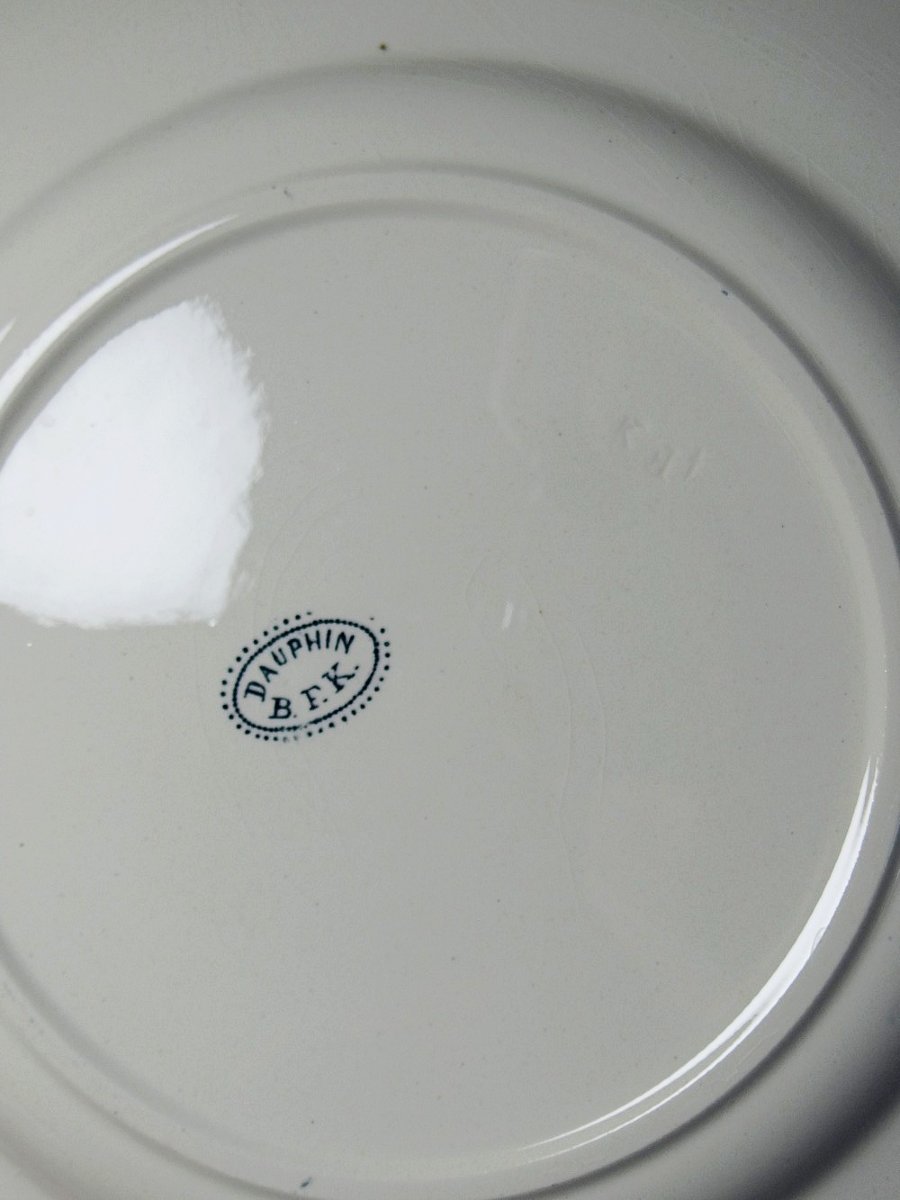 6 Antique Boch Frères Keramis Plates, Dolphin Pattern, Blue Decoration, 19th-20th Century-photo-5