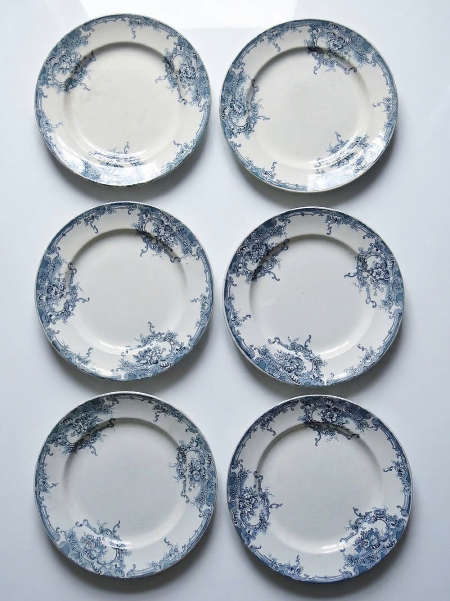 6 Antique Boch Frères Keramis Plates, Dolphin Pattern, Blue Decoration, 19th-20th Century
