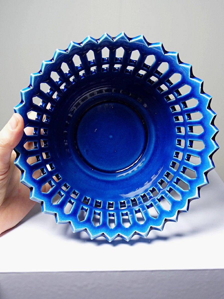 Cache-pot ajouré en faïence de Malicorne Moreau-Bourg-Joly bleu paon XXe-photo-3