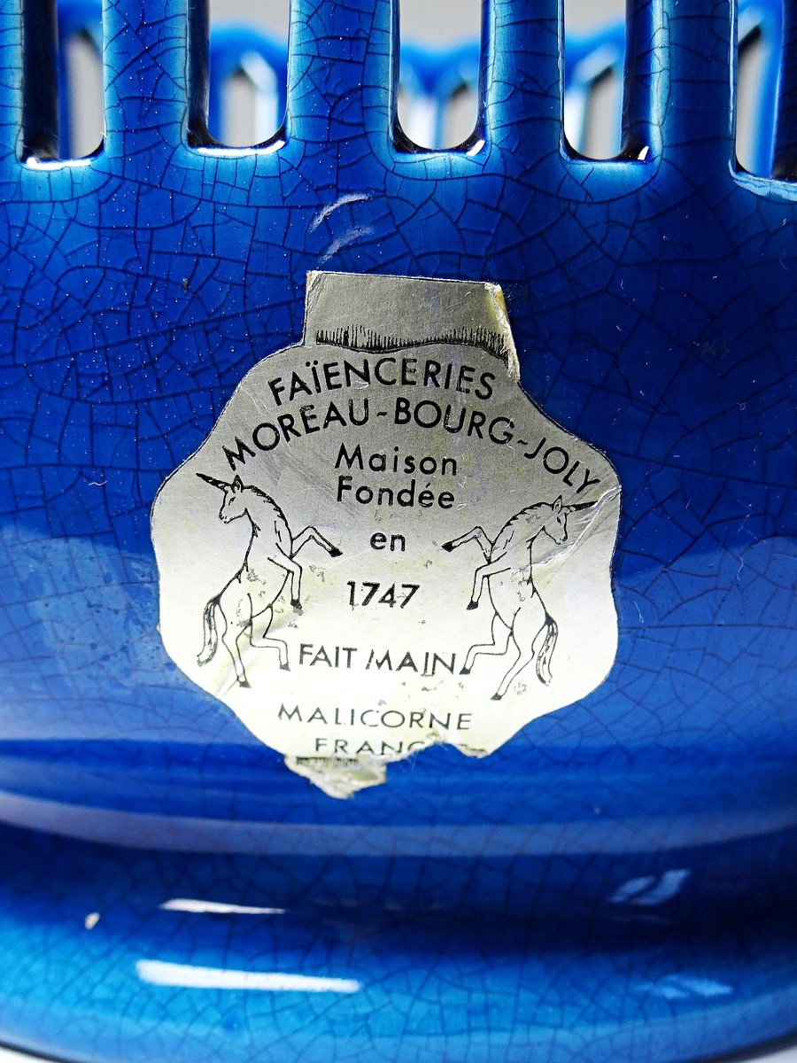Cache-pot ajouré en faïence de Malicorne Moreau-Bourg-Joly bleu paon XXe-photo-2