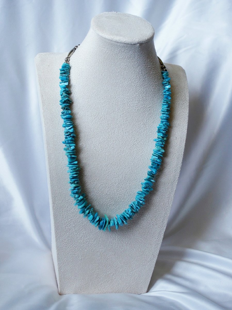 Collier chips de turquoise naturelle métal argenté, années 1970-1990-photo-2