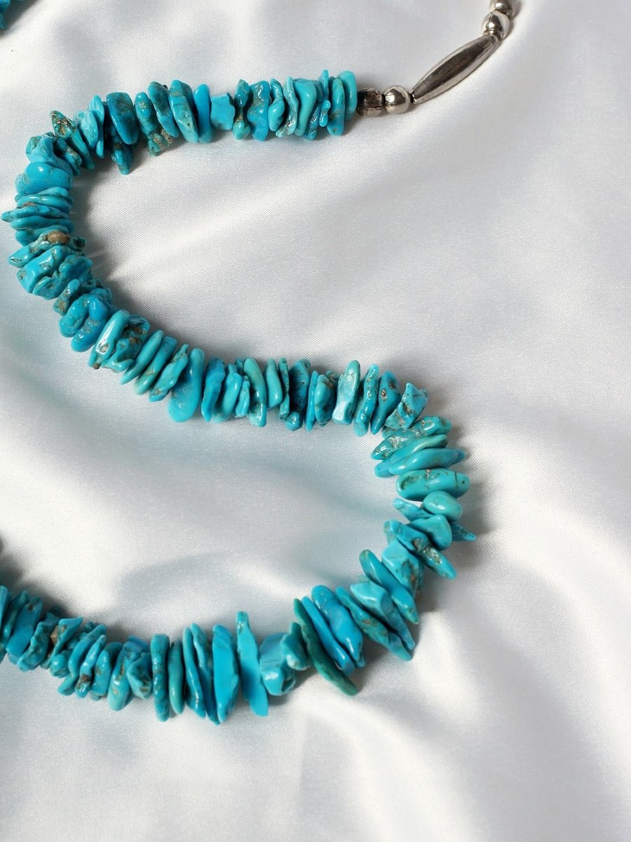 Collier chips de turquoise naturelle métal argenté, années 1970-1990-photo-2