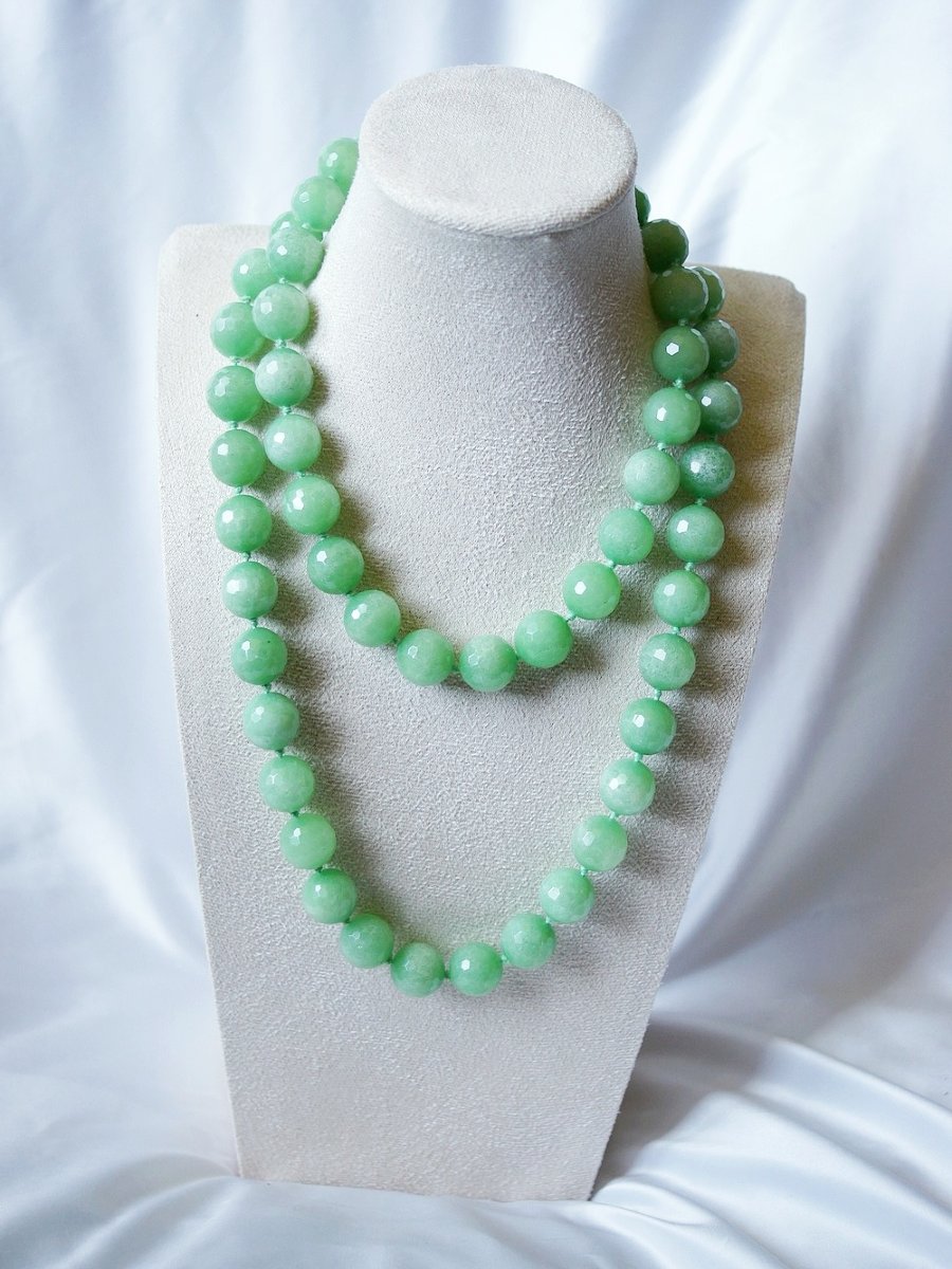 Imposing Long Necklace Of Large Faceted Chrysoprase Beads And Vintage Gold-plated Metal-photo-4