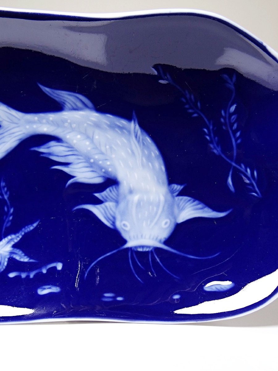 Limoges Blue Enameled Porcelain Pocket With Japanese Fish Design-photo-3