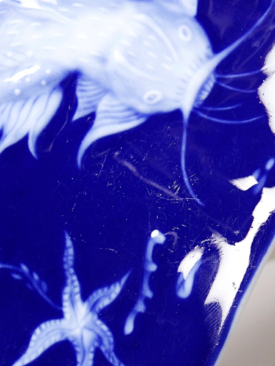 Limoges Blue Enameled Porcelain Pocket With Japanese Fish Design-photo-4