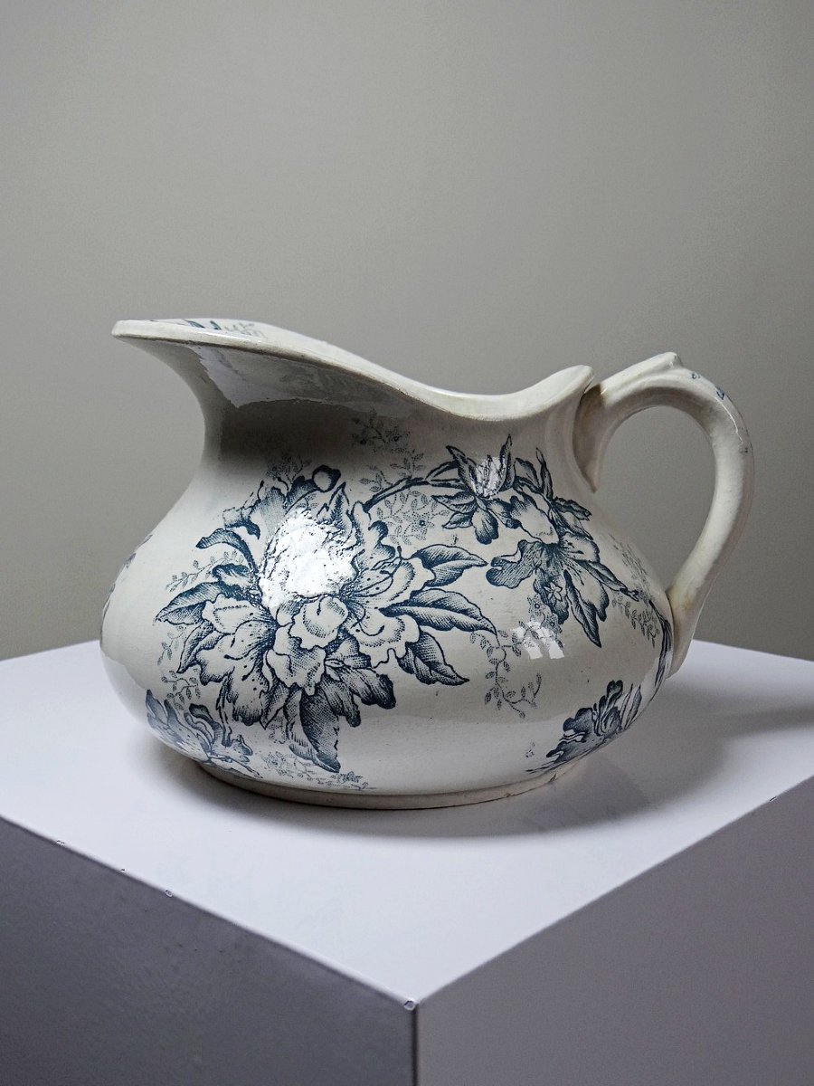 Broc de toilette Terre de Fer "Floréal", faïencerie Givors, décor floral XIXe-photo-2