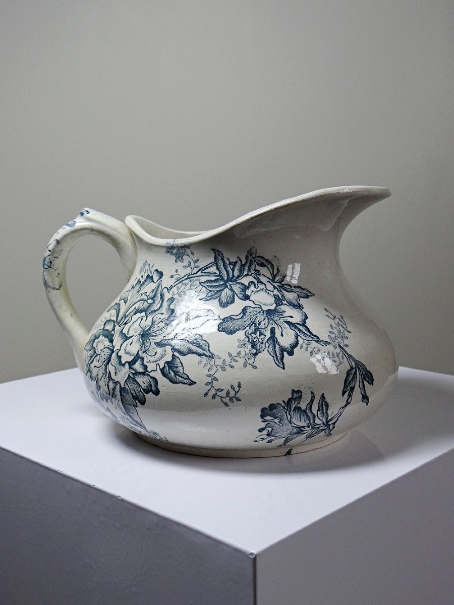 Broc de toilette Terre de Fer "Floréal", faïencerie Givors, décor floral XIXe-photo-4