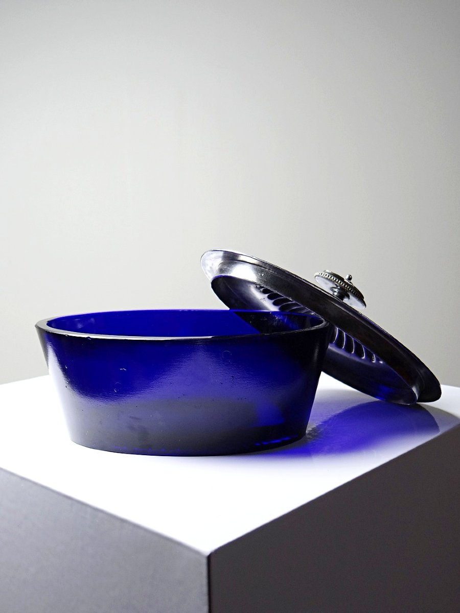 Bonbonnière victorienne att. George T. & Co verre cobalt et métal argenté XIXe-photo-2