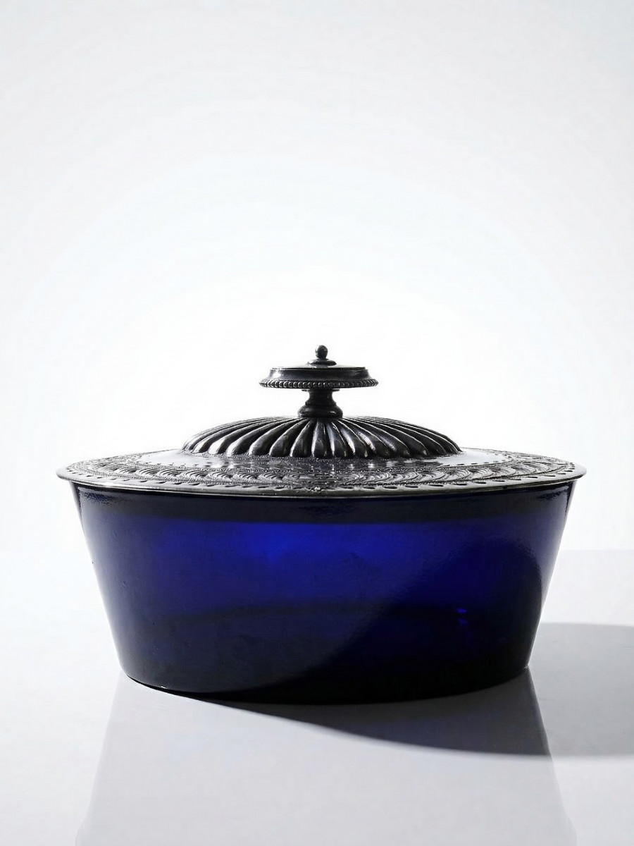 Bonbonnière victorienne att. George T. & Co verre cobalt et métal argenté XIXe