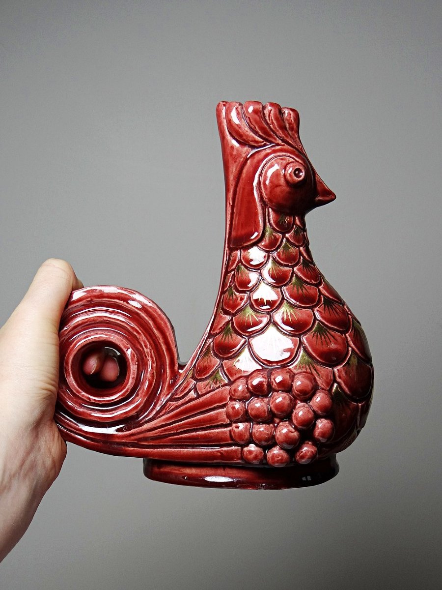 Pair Of Glazed Ceramic Rooster Candlesticks, Signed A.g Roger Year 1948-photo-3