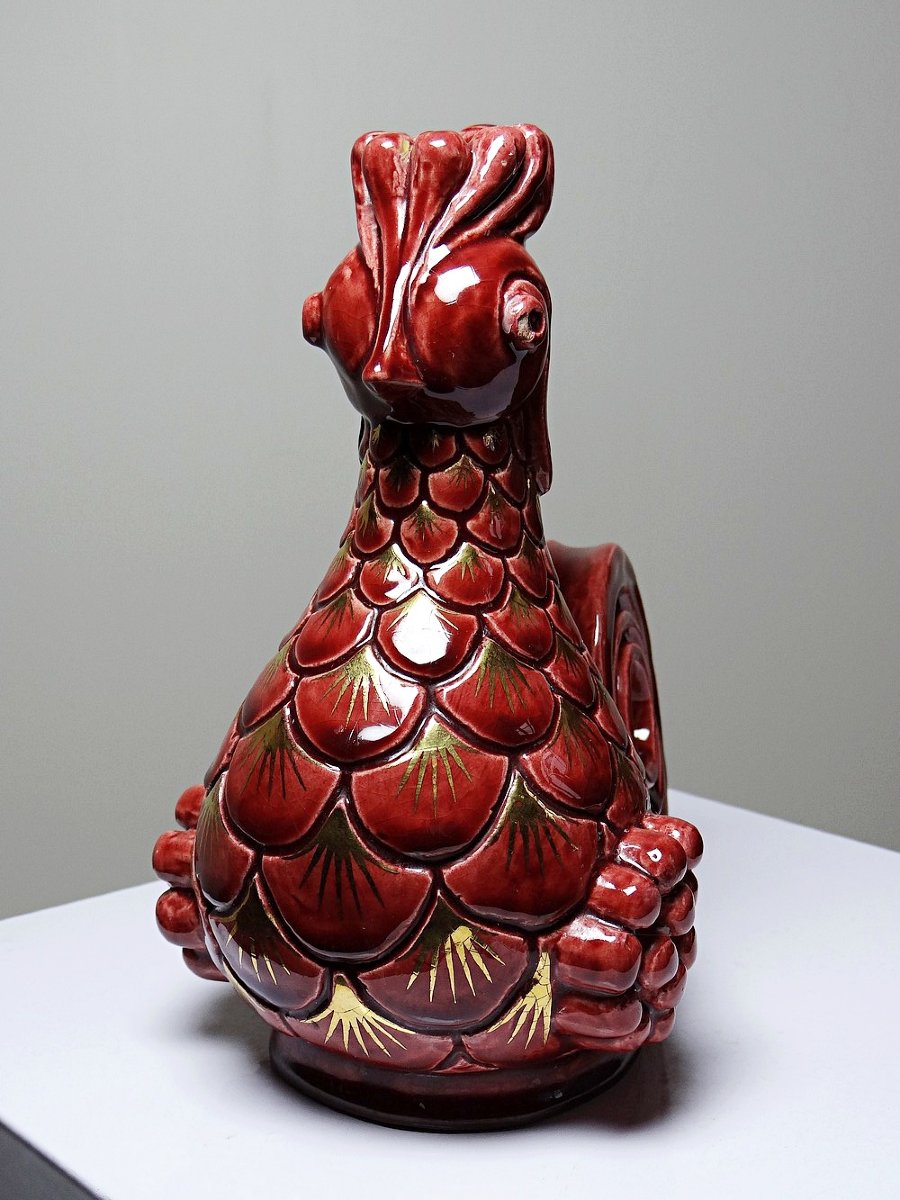 Pair Of Glazed Ceramic Rooster Candlesticks, Signed A.g Roger Year 1948-photo-1