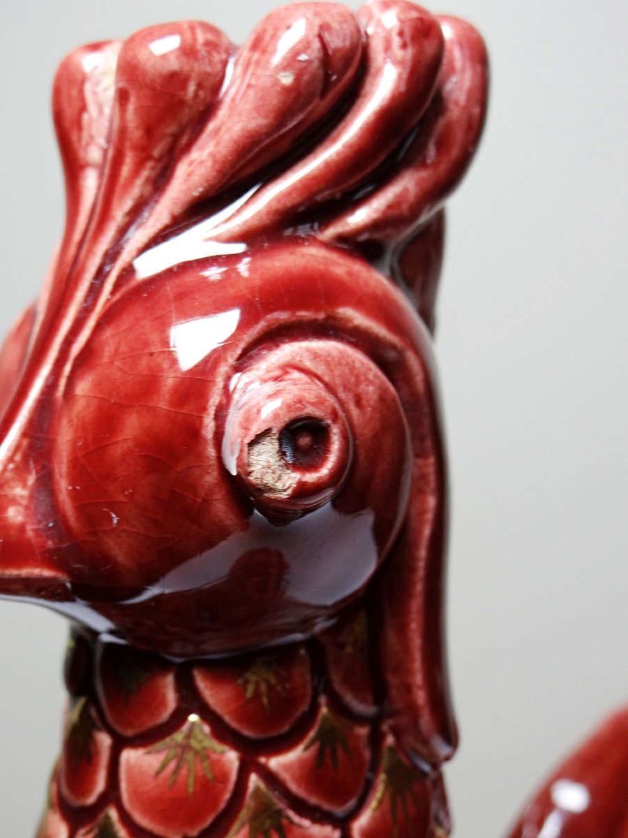 Pair Of Glazed Ceramic Rooster Candlesticks, Signed A.g Roger Year 1948-photo-2