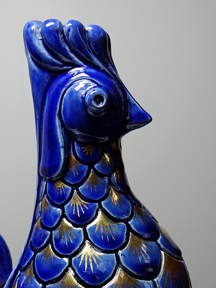 Pair Of Glazed Ceramic Rooster Candlesticks, Signed A.g Roger Year 1948-photo-4