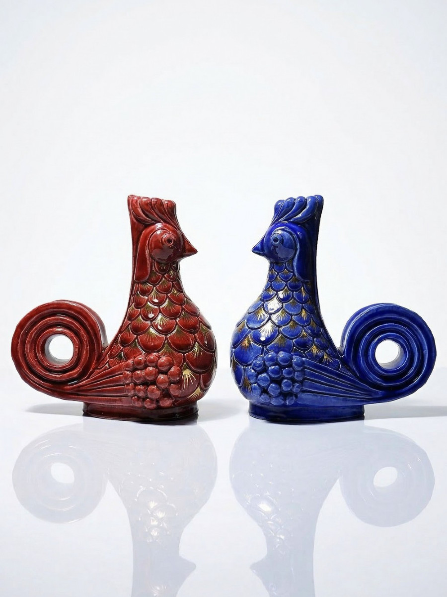 Pair Of Glazed Ceramic Rooster Candlesticks, Signed A.g Roger Year 1948