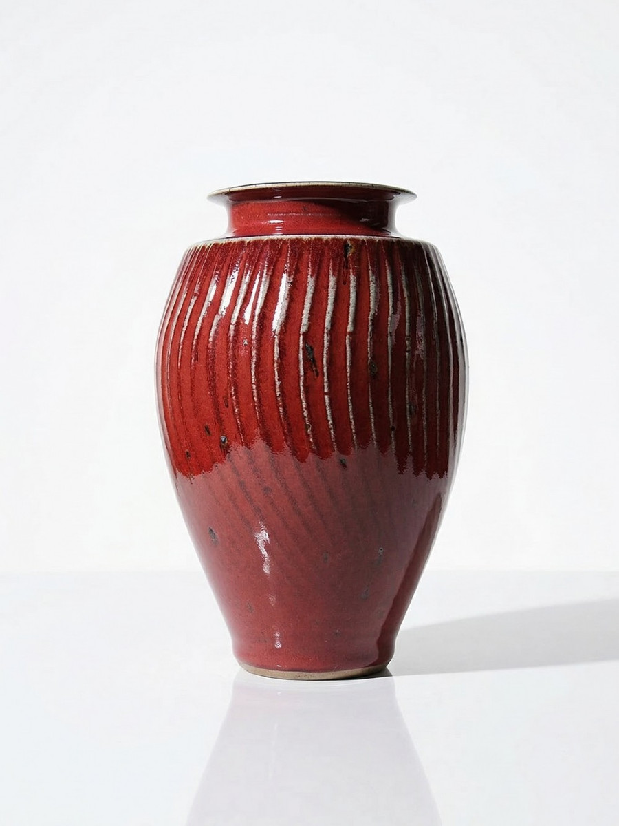 Oxblood Glazed Stoneware Vase With Twisted Ribs, 20th Century Workshop Work