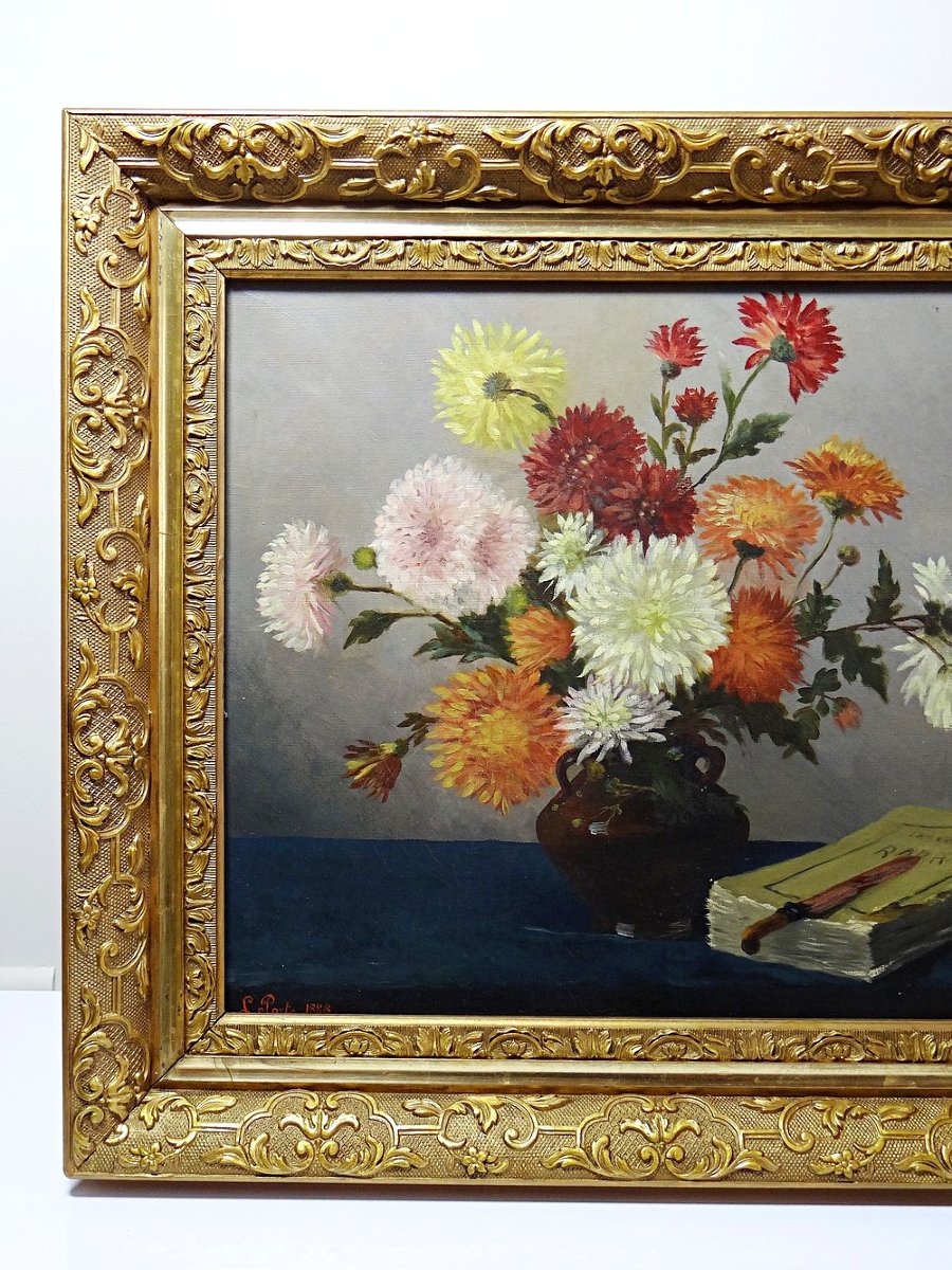 Tableau huile sur toile, nature morte aux chrysanthèmes, signé L.Porte 1888-photo-2