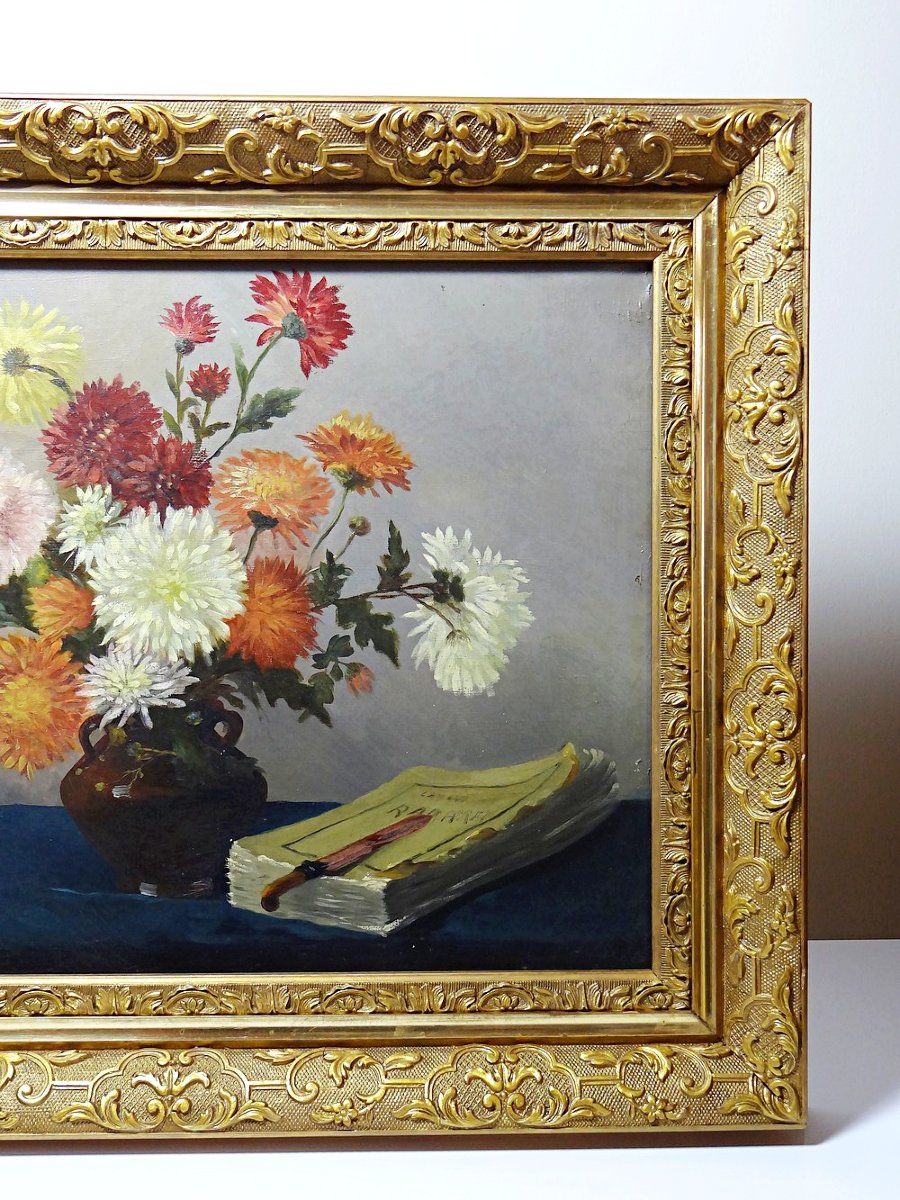 Tableau huile sur toile, nature morte aux chrysanthèmes, signé L.Porte 1888-photo-3