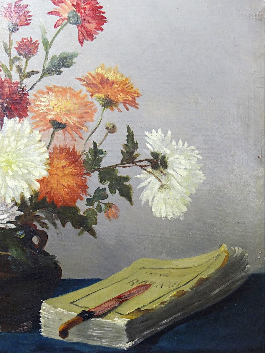 Tableau huile sur toile, nature morte aux chrysanthèmes, signé L.Porte 1888-photo-2