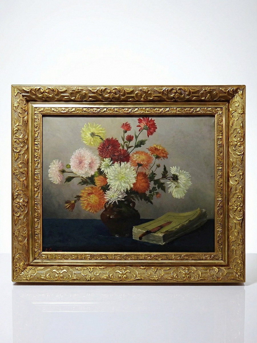 Tableau huile sur toile, nature morte aux chrysanthèmes, signé L.Porte 1888