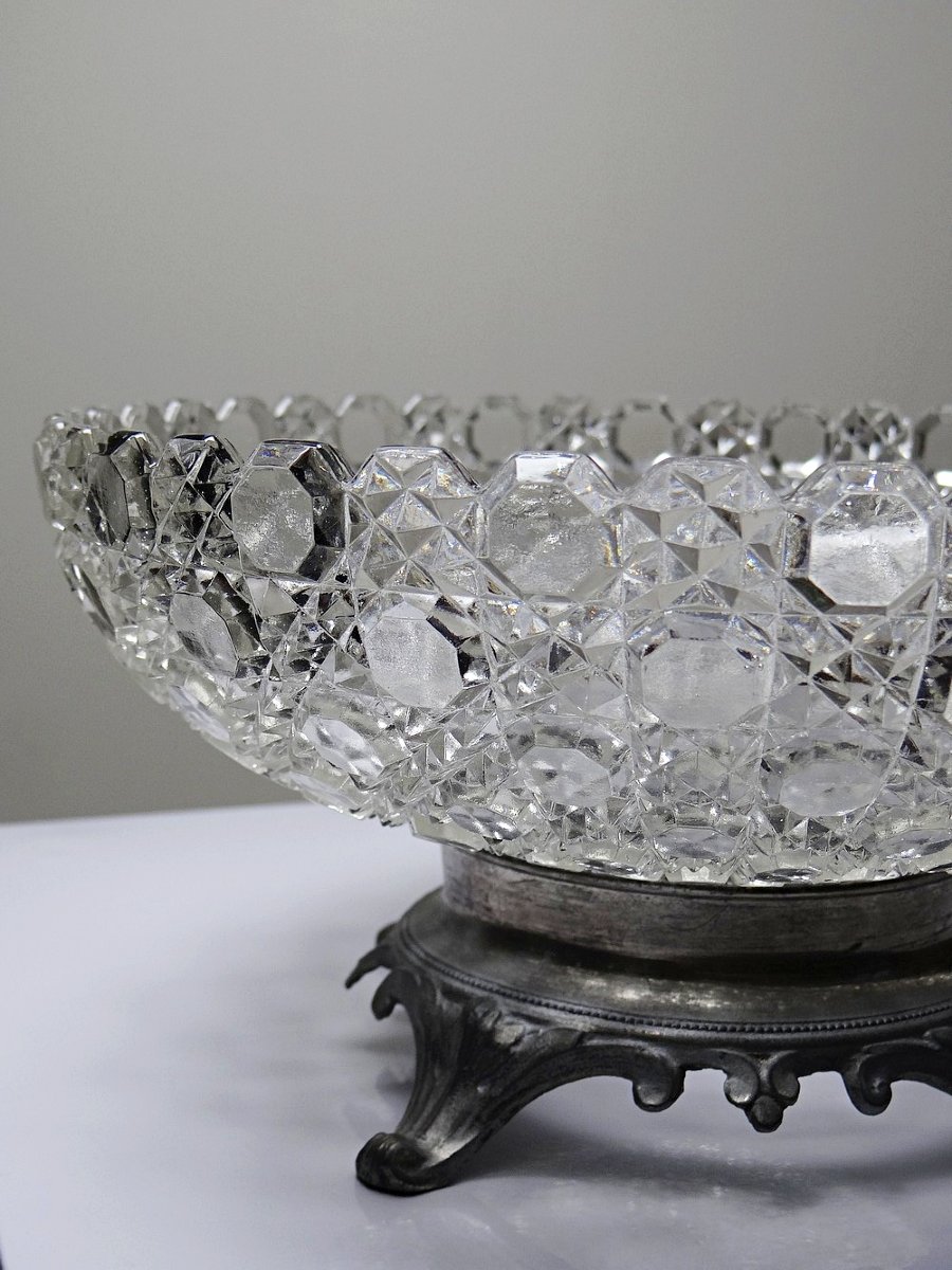 Coupe en verre pressé pointes diamants ancienne 1920-1950 sur pied étain-photo-2