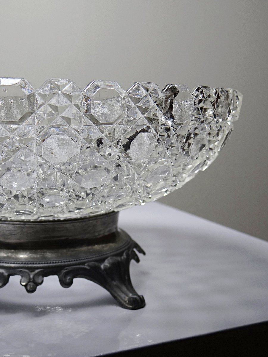 Coupe en verre pressé pointes diamants ancienne 1920-1950 sur pied étain-photo-3