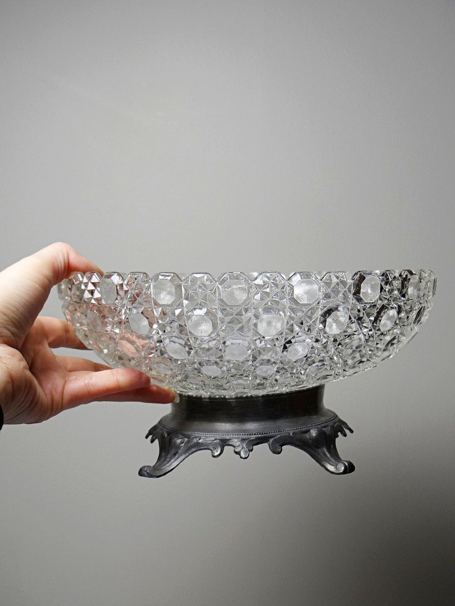 Coupe en verre pressé pointes diamants ancienne 1920-1950 sur pied étain-photo-4