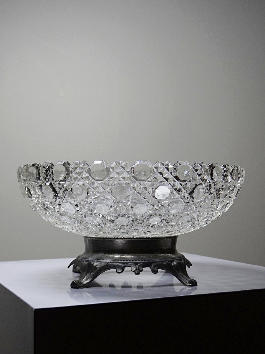 Coupe en verre pressé pointes diamants ancienne 1920-1950 sur pied étain-photo-1