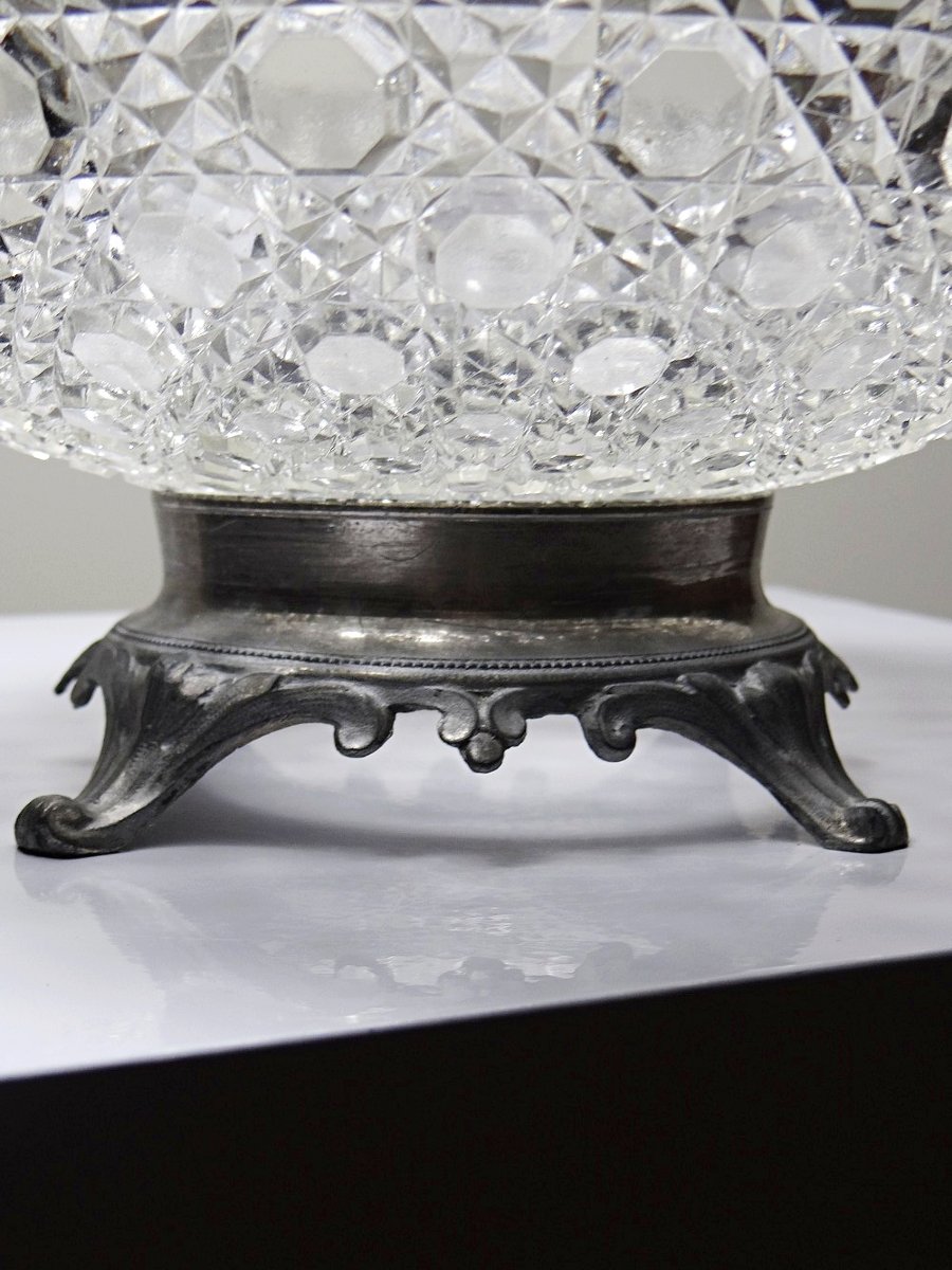Coupe en verre pressé pointes diamants ancienne 1920-1950 sur pied étain-photo-2