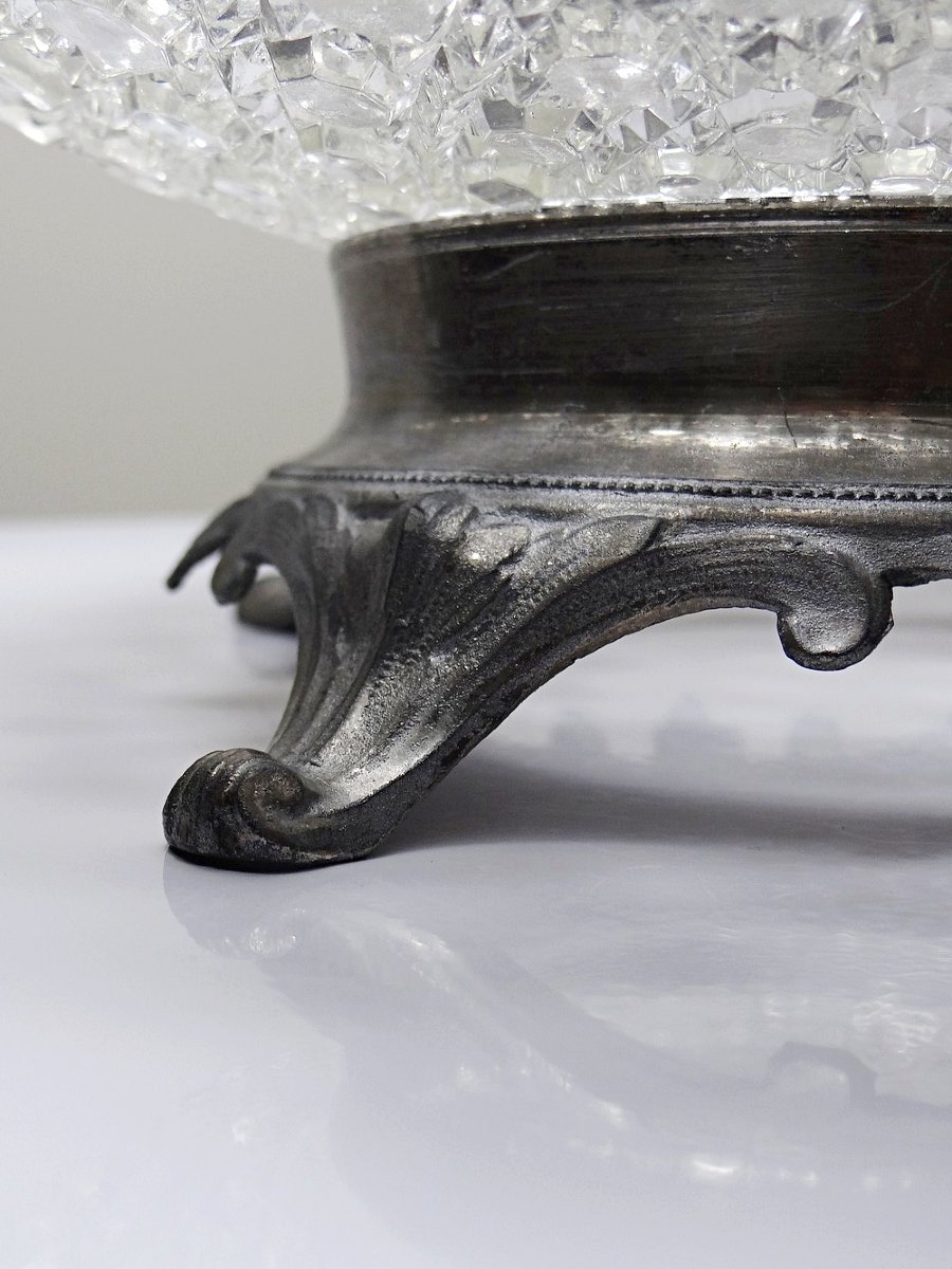 Coupe en verre pressé pointes diamants ancienne 1920-1950 sur pied étain-photo-3
