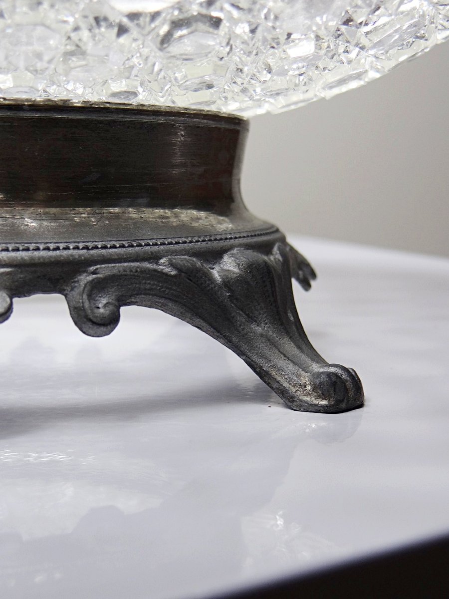 Coupe en verre pressé pointes diamants ancienne 1920-1950 sur pied étain-photo-4