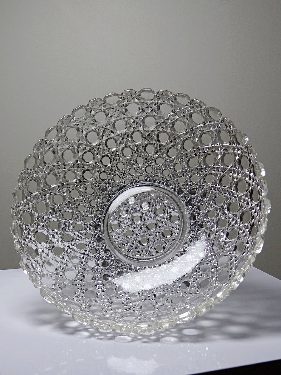 Coupe en verre pressé pointes diamants ancienne 1920-1950 sur pied étain-photo-5