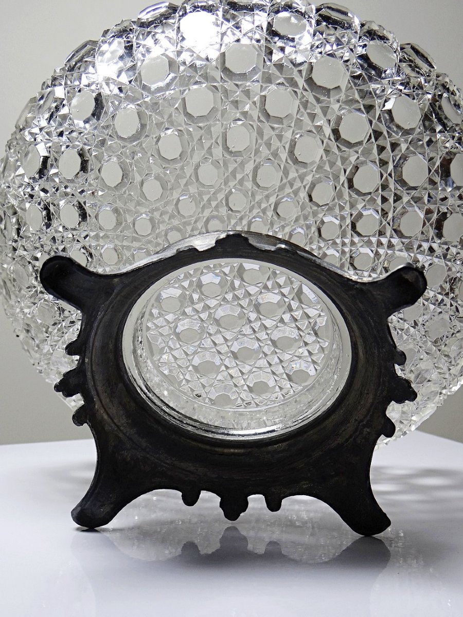 Coupe en verre pressé pointes diamants ancienne 1920-1950 sur pied étain-photo-6