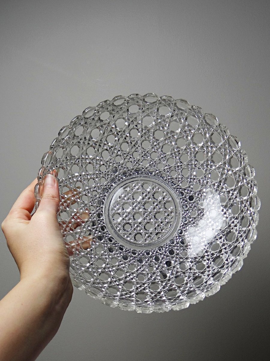 Coupe en verre pressé pointes diamants ancienne 1920-1950 sur pied étain-photo-7