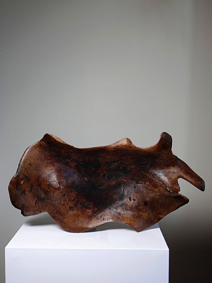 Grande coupe monoxyle en bois brut d'olivier foncé années 50 artisanat-photo-2