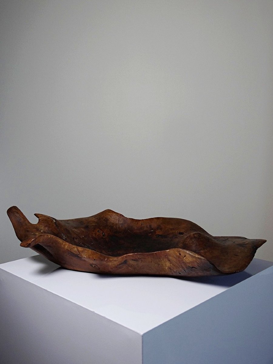 Grande coupe monoxyle en bois brut d'olivier foncé années 50 artisanat-photo-3