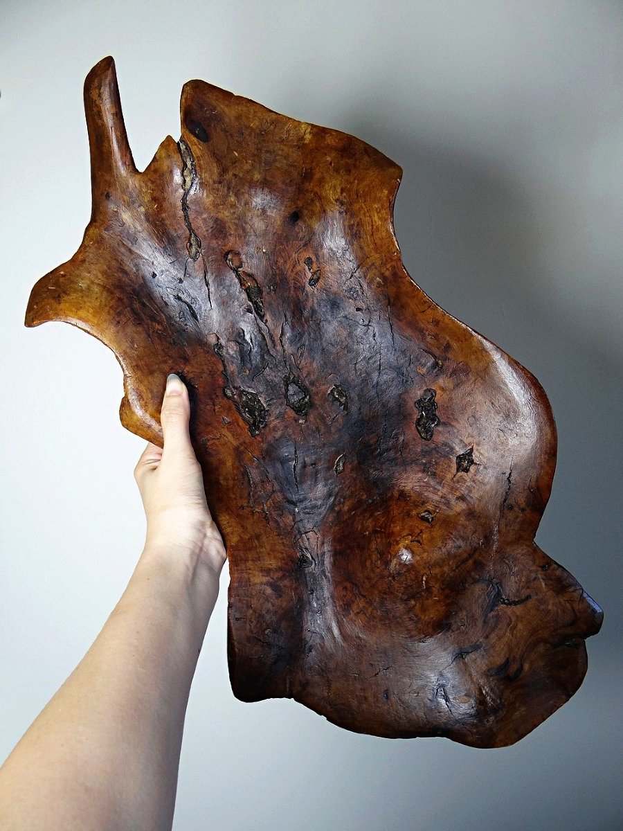 Grande coupe monoxyle en bois brut d'olivier foncé années 50 artisanat-photo-4