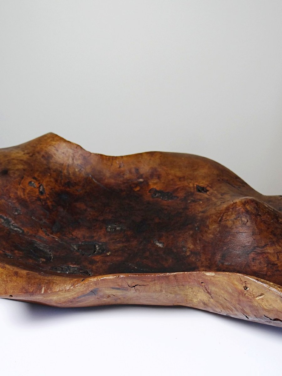 Grande coupe monoxyle en bois brut d'olivier foncé années 50 artisanat-photo-7