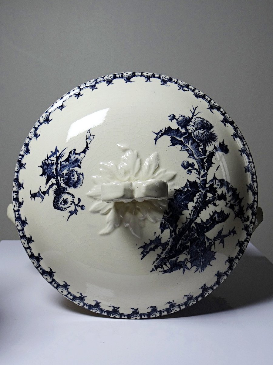 Soupière ancienne 1890-1910 porcelaine opaque terre de fer Gien modèle Chardons-photo-3