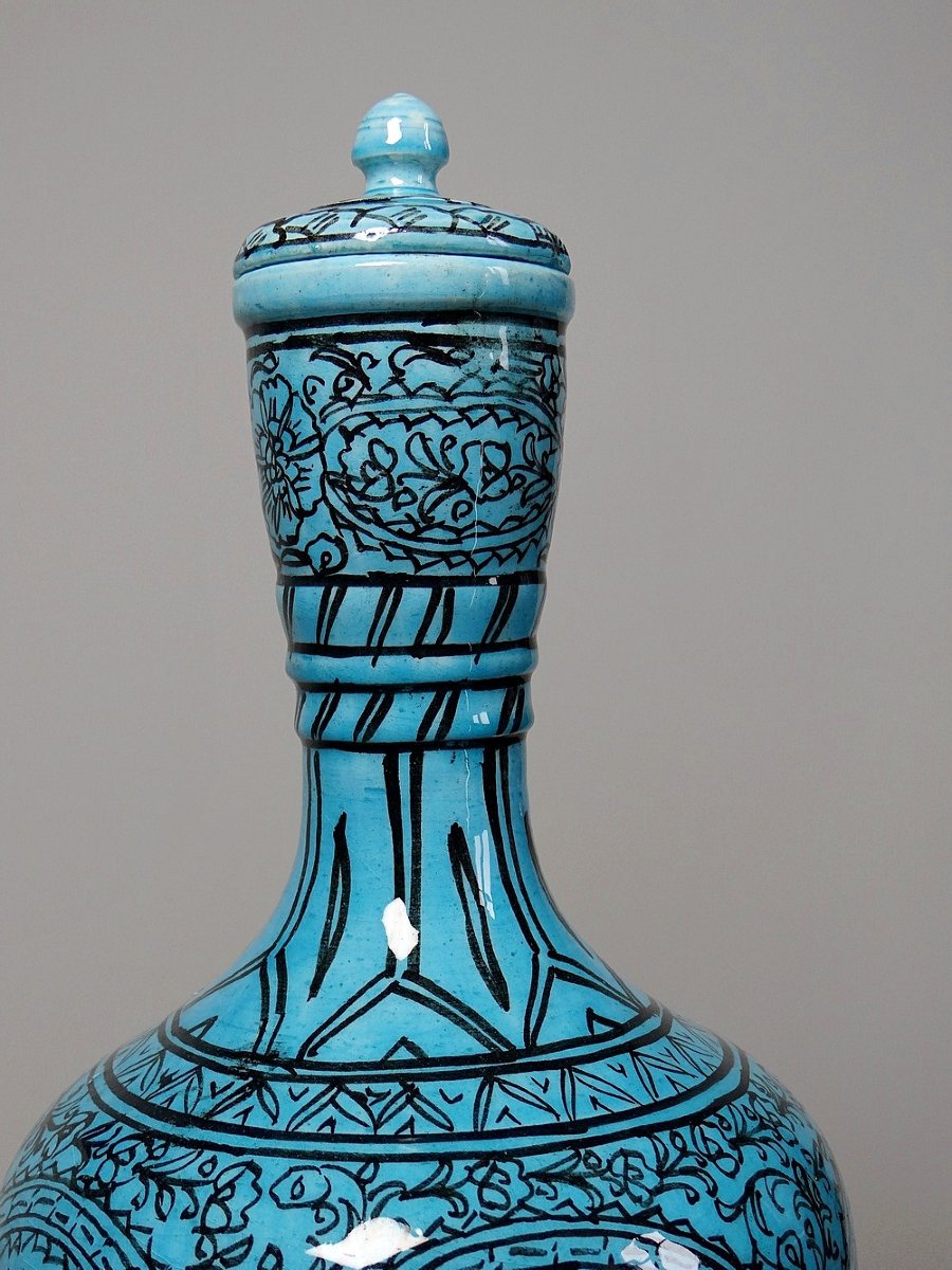 Vase couvert ou jarre Persane poterie glacée Iznik turquoise peinte vintage-photo-2