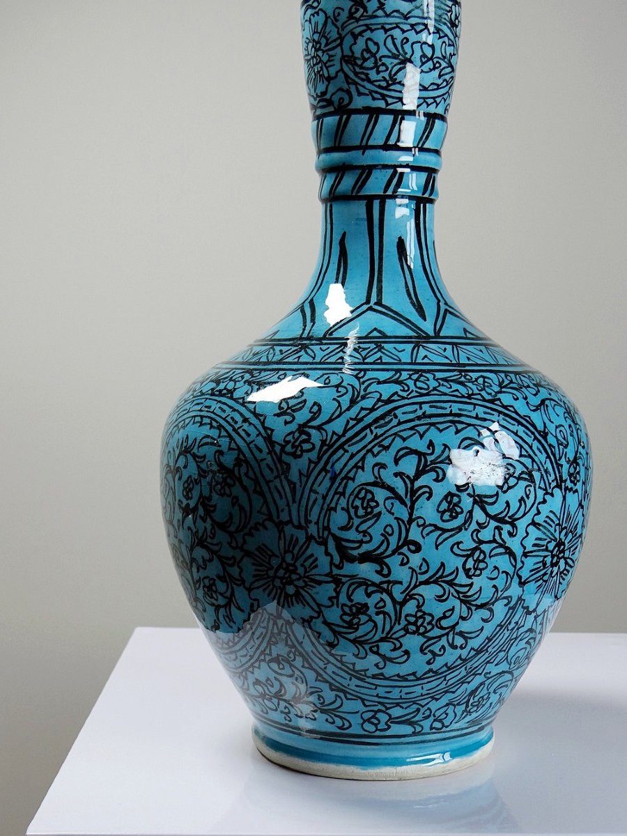 Vase couvert ou jarre Persane poterie glacée Iznik turquoise peinte vintage-photo-1